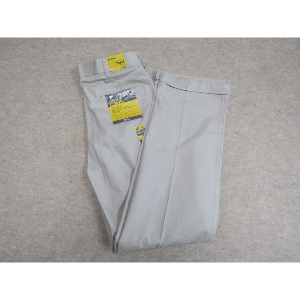 Cabelas Mens 32x32 Wrinkle Free Accu-Waist Pleated Chino Pants Stone Straight Fi